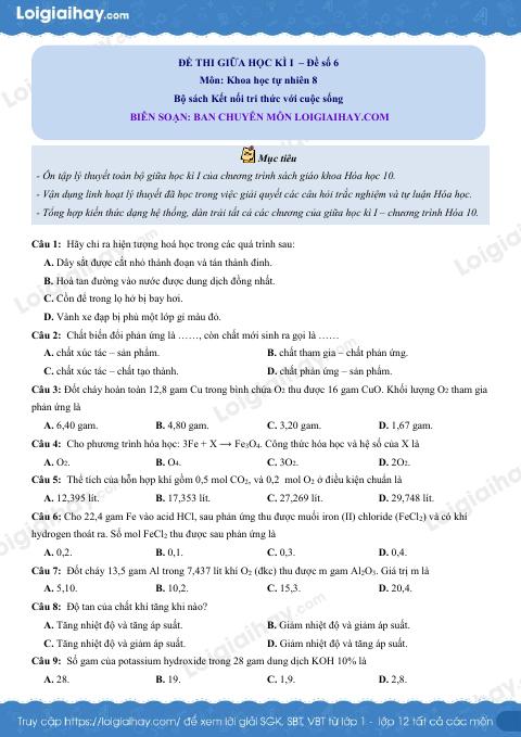 Đề thi giữa kì 1 KHTN 8 Kết nối tri thức - Đề số 6